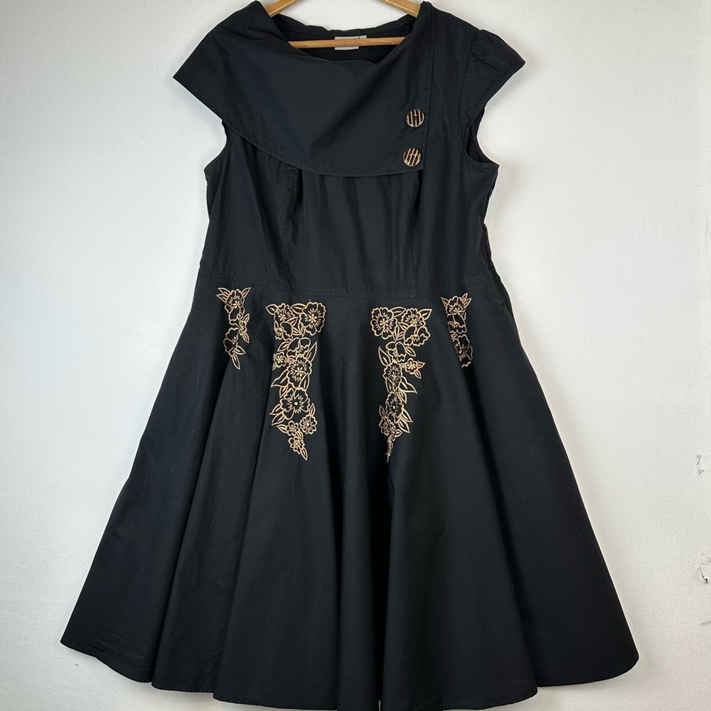 eShakti Embroidered Cap Sleeve Midi Dress Black